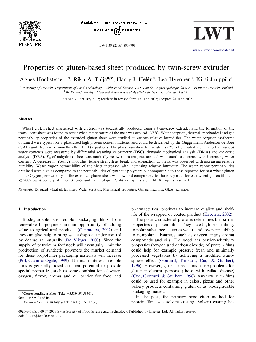 Properties of gluten-based sheet produced by twin-screw extruder