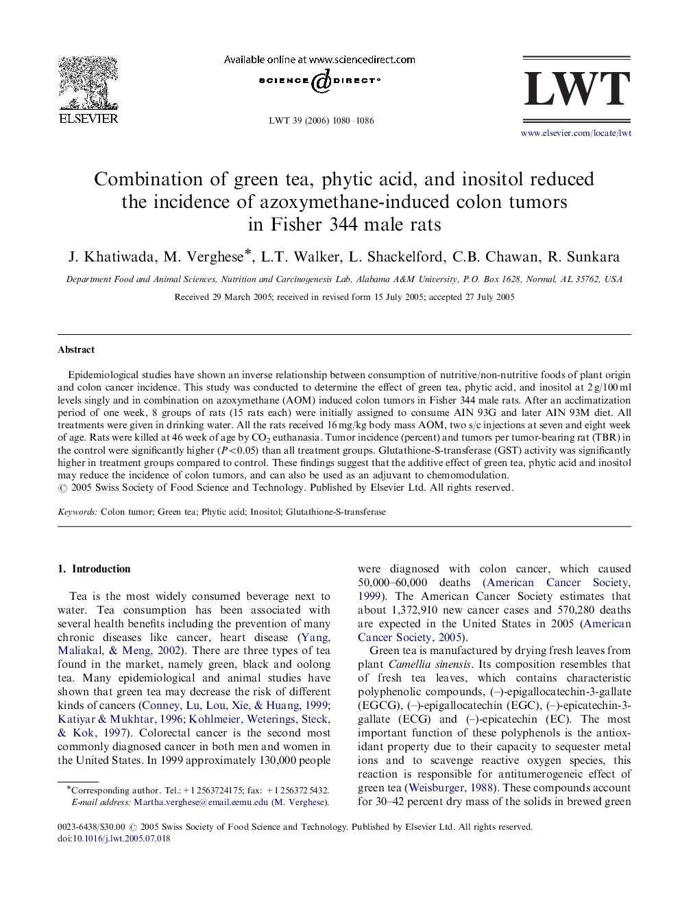 Combination of green tea, phytic acid, and inositol reduced the incidence of azoxymethane-induced colon tumors in Fisher 344 male rats