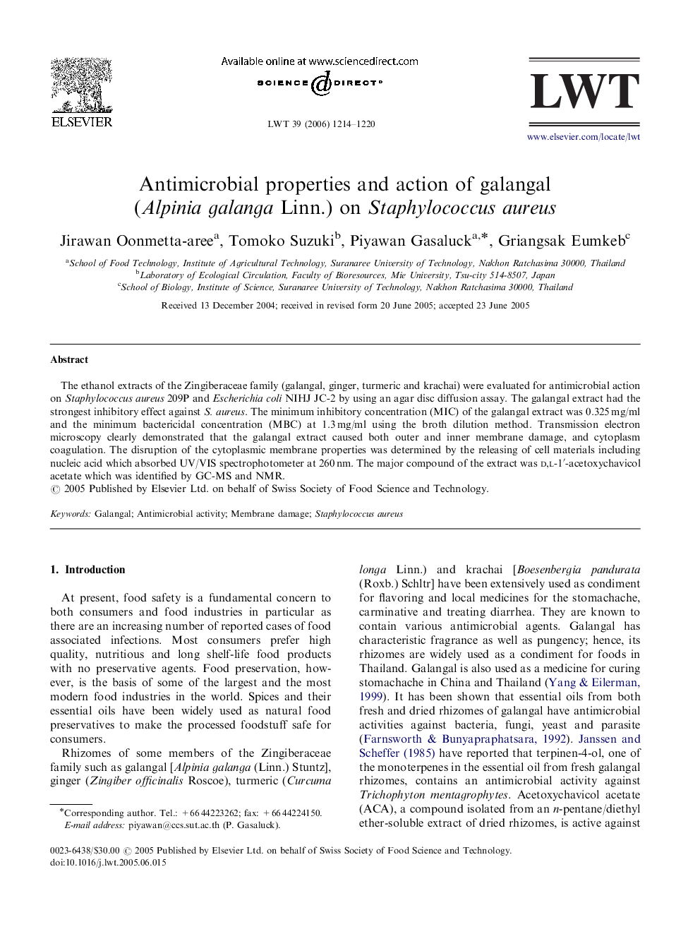 Antimicrobial properties and action of galangal (Alpinia galanga Linn.) on Staphylococcus aureus