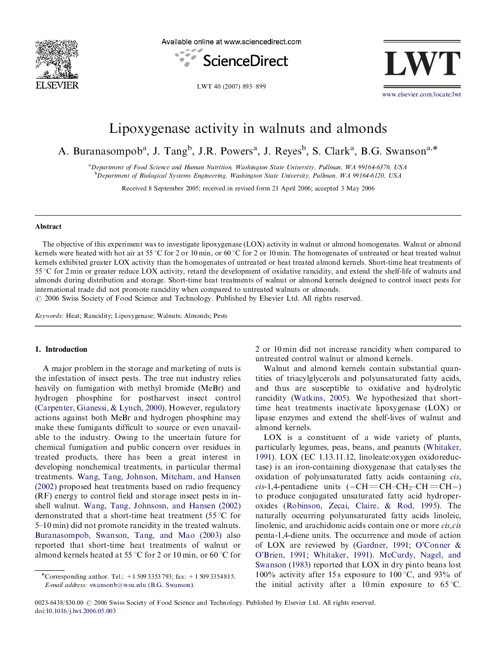 Lipoxygenase activity in walnuts and almonds