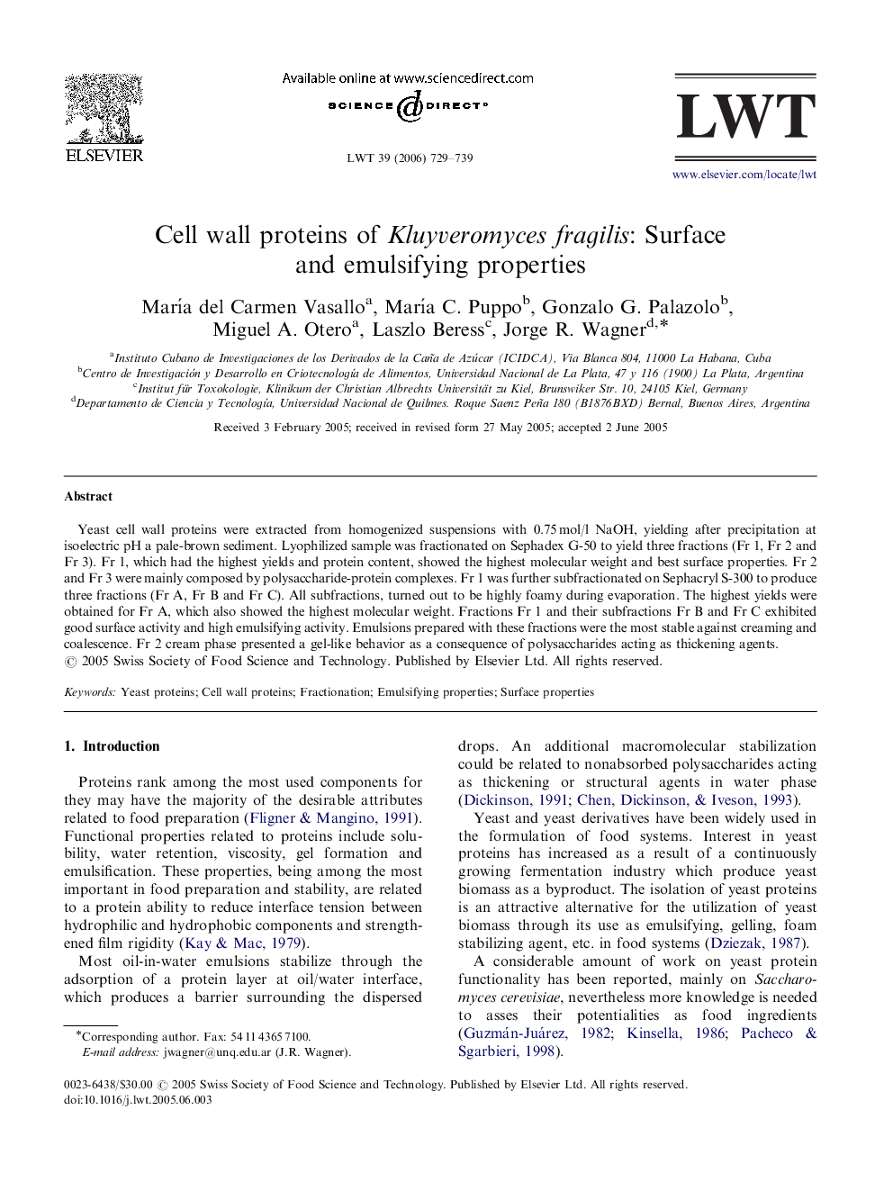 عکس صفحه اول مقاله: Cell wall proteins of Kluyveromyces fragilis: Surface and emulsifying properties Cell wall proteins of Kluyveromyces fragilis: Surface and emulsifying properties
