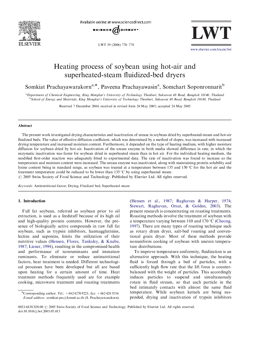 Heating process of soybean using hot-air and superheated-steam fluidized-bed dryers