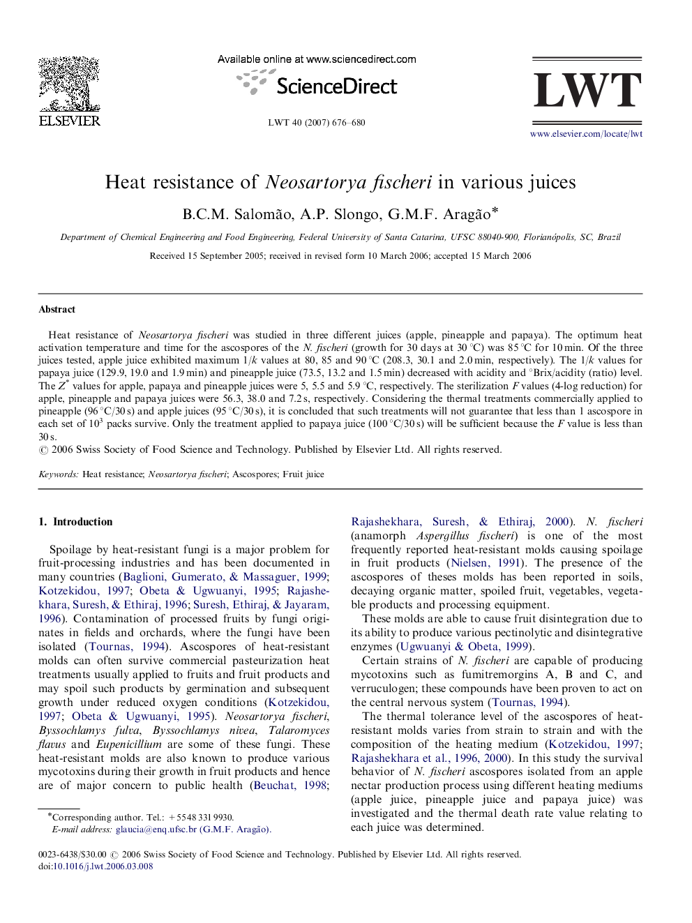 Heat resistance of Neosartorya fischeri in various juices