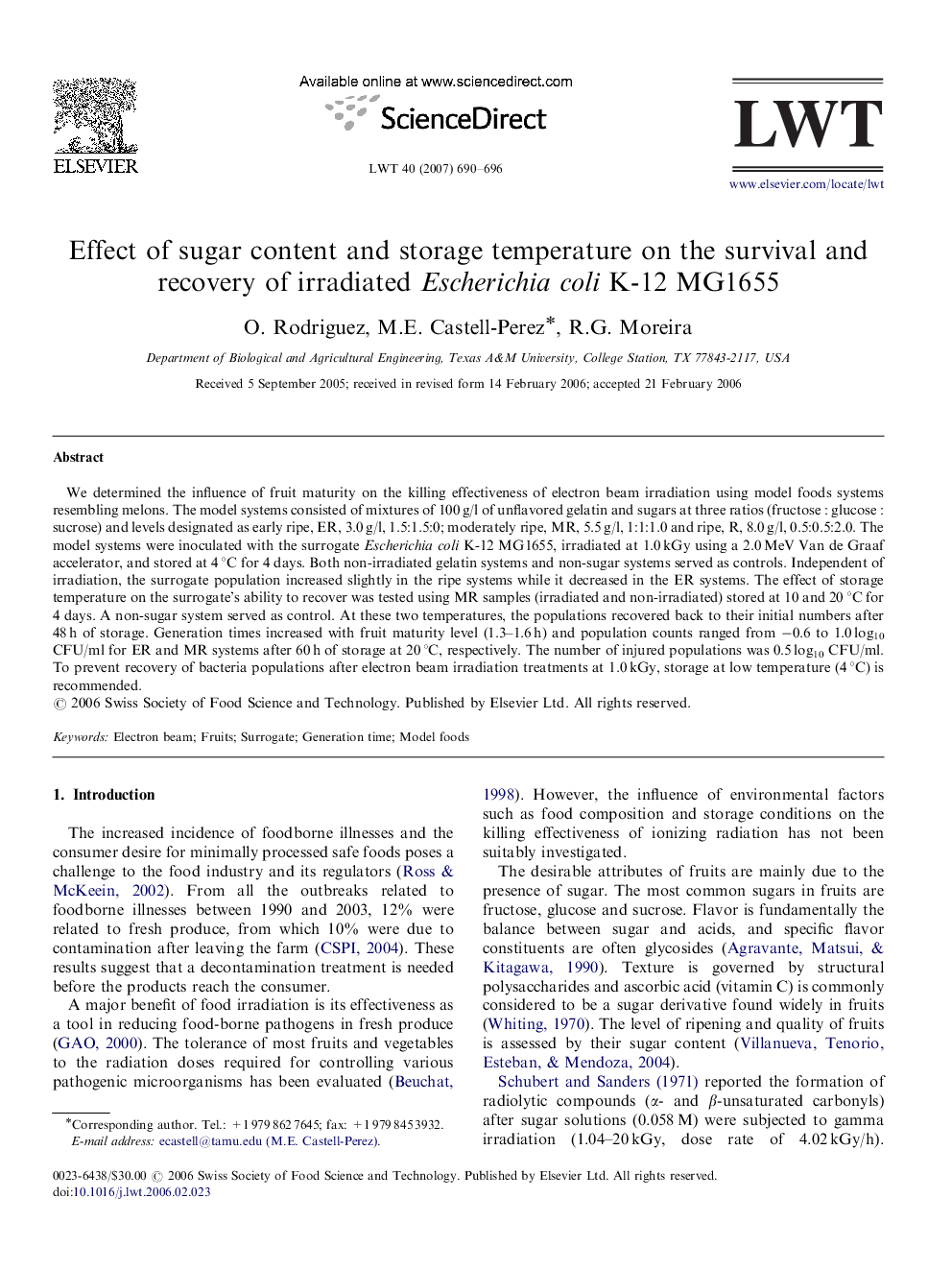 Effect of sugar content and storage temperature on the survival and recovery of irradiated Escherichia coli K-12 MG1655