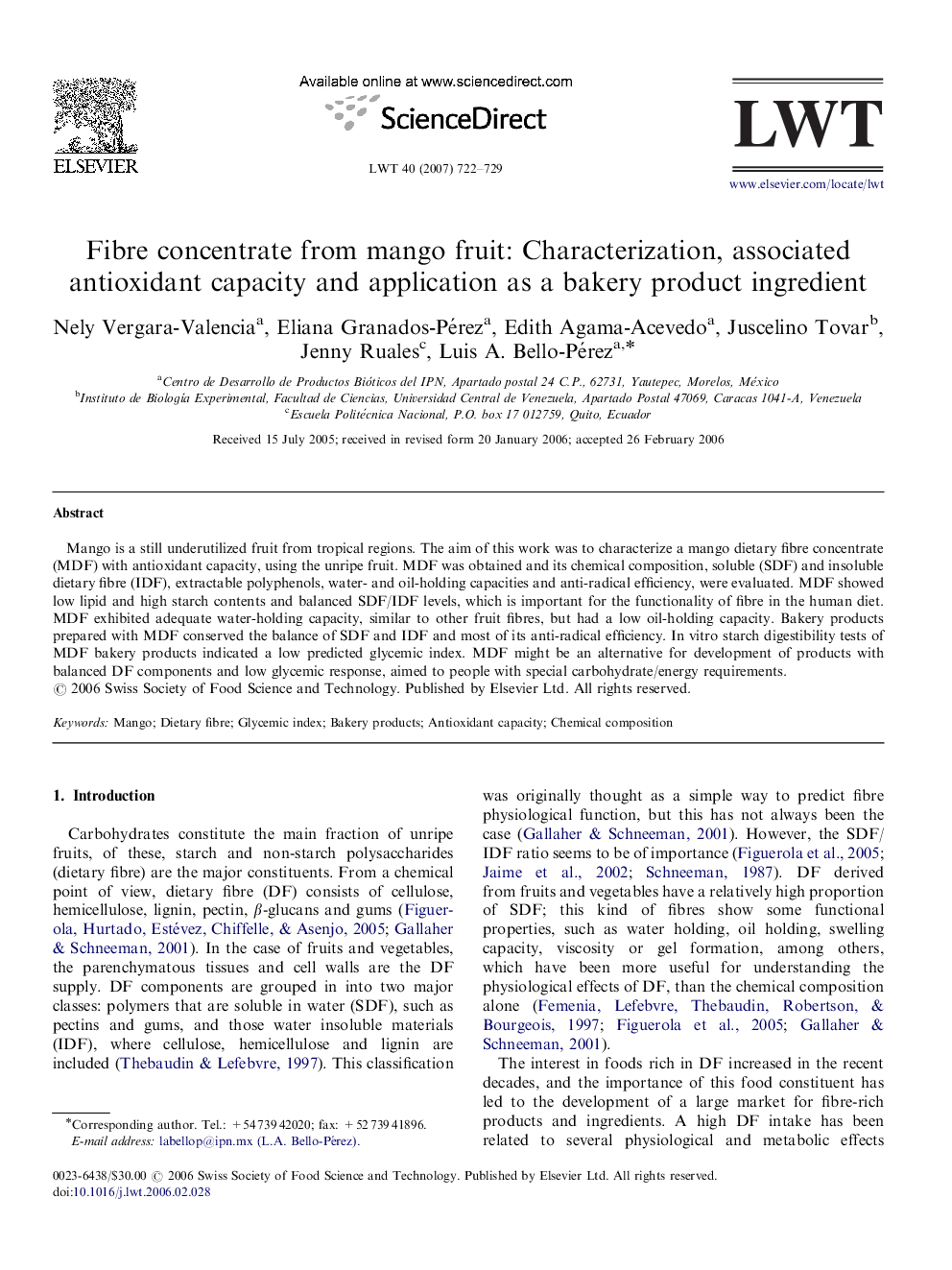 Fibre concentrate from mango fruit: Characterization, associated antioxidant capacity and application as a bakery product ingredient