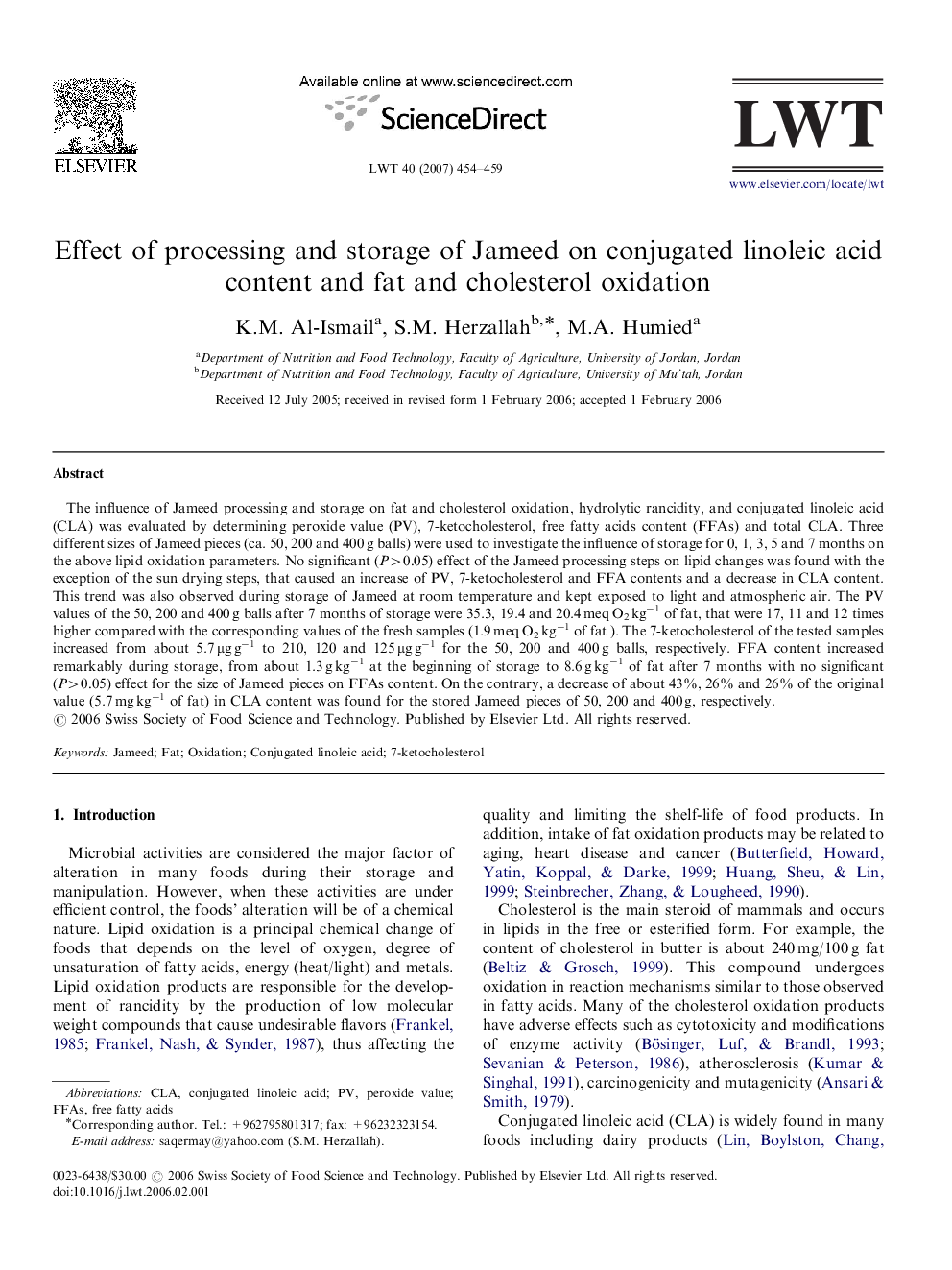 Effect of processing and storage of Jameed on conjugated linoleic acid content and fat and cholesterol oxidation