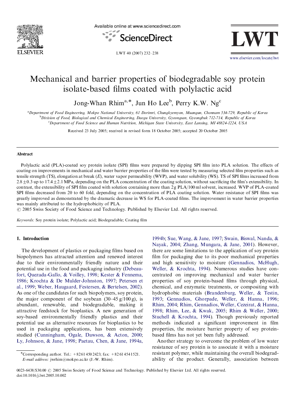 Mechanical and barrier properties of biodegradable soy protein isolate-based films coated with polylactic acid