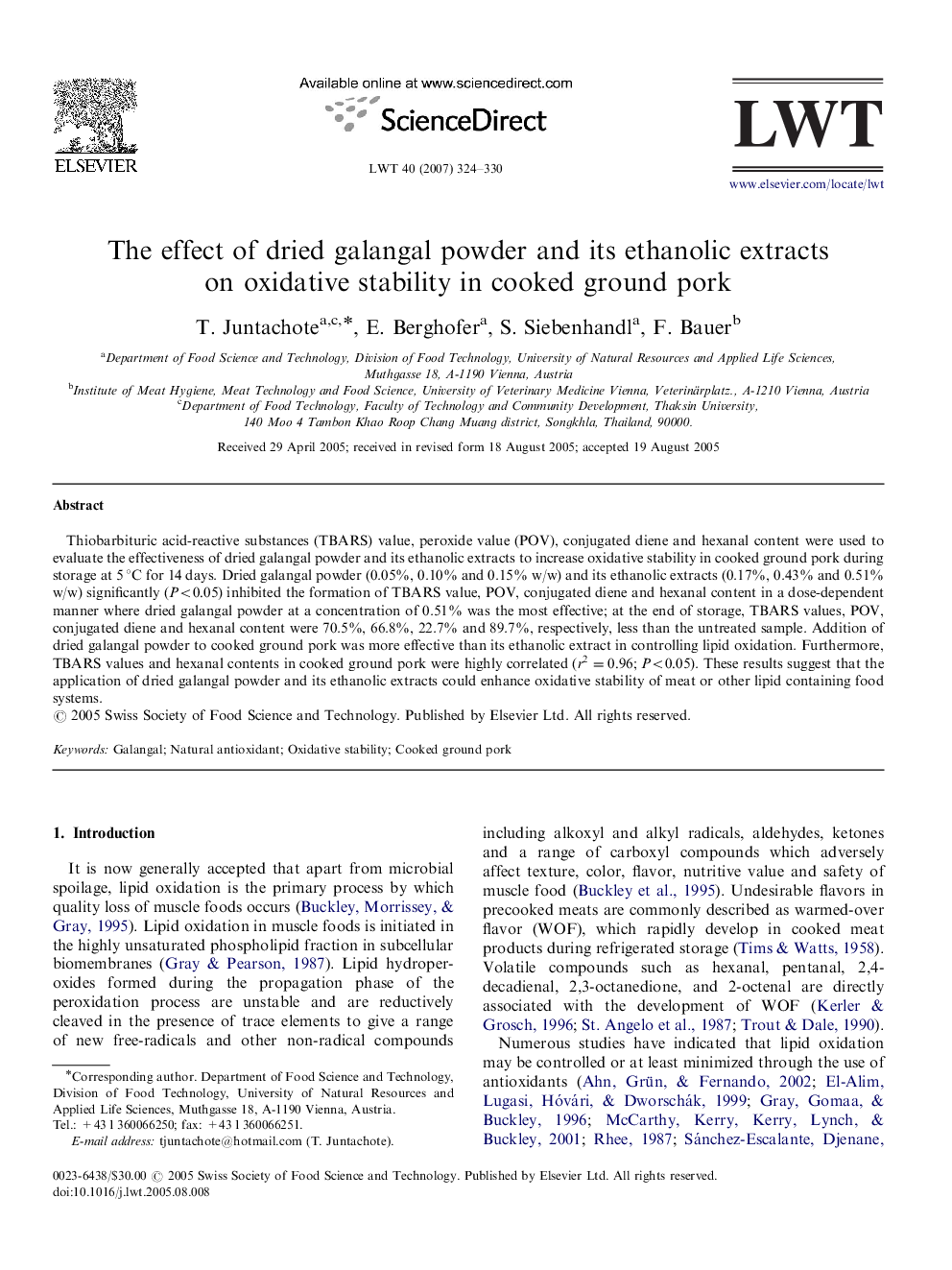 The effect of dried galangal powder and its ethanolic extracts on oxidative stability in cooked ground pork