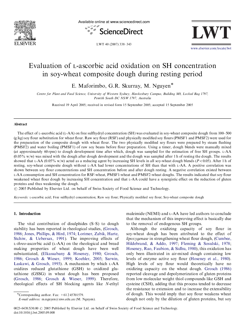 Evaluation of l-ascorbic acid oxidation on SH concentration in soy-wheat composite dough during resting period