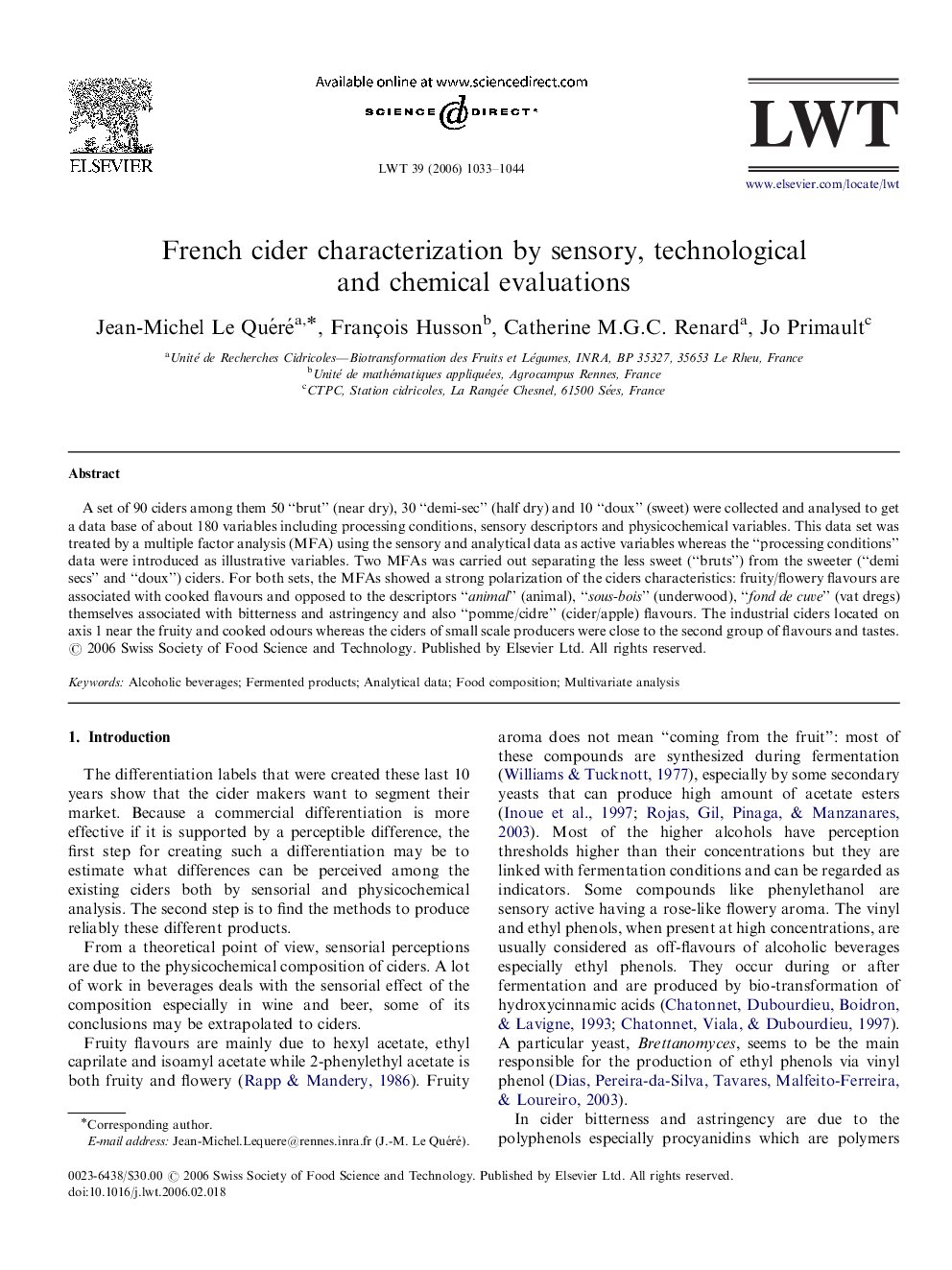 French cider characterization by sensory, technological and chemical evaluations