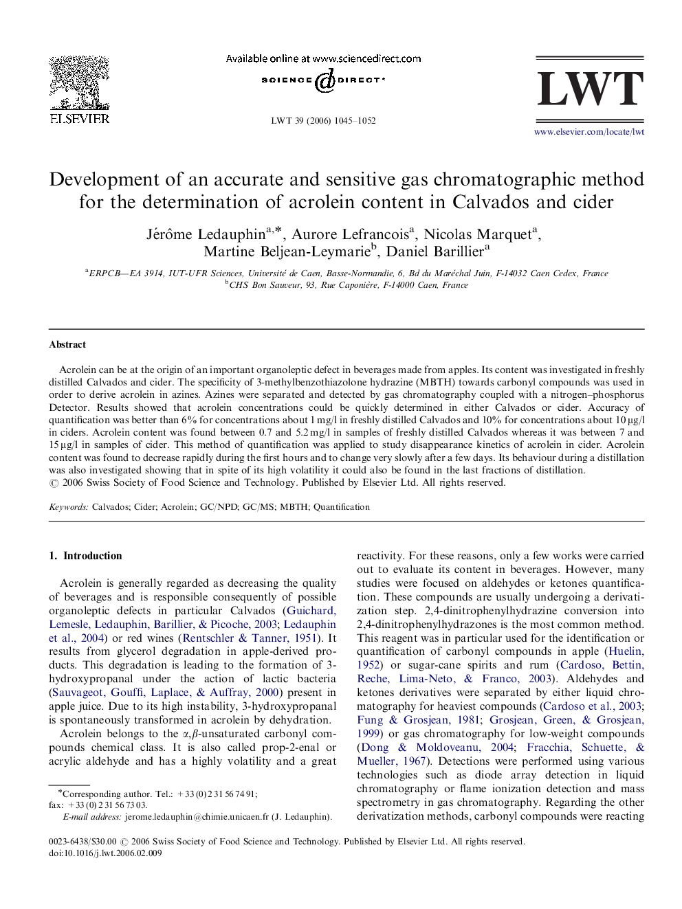 Development of an accurate and sensitive gas chromatographic method for the determination of acrolein content in Calvados and cider