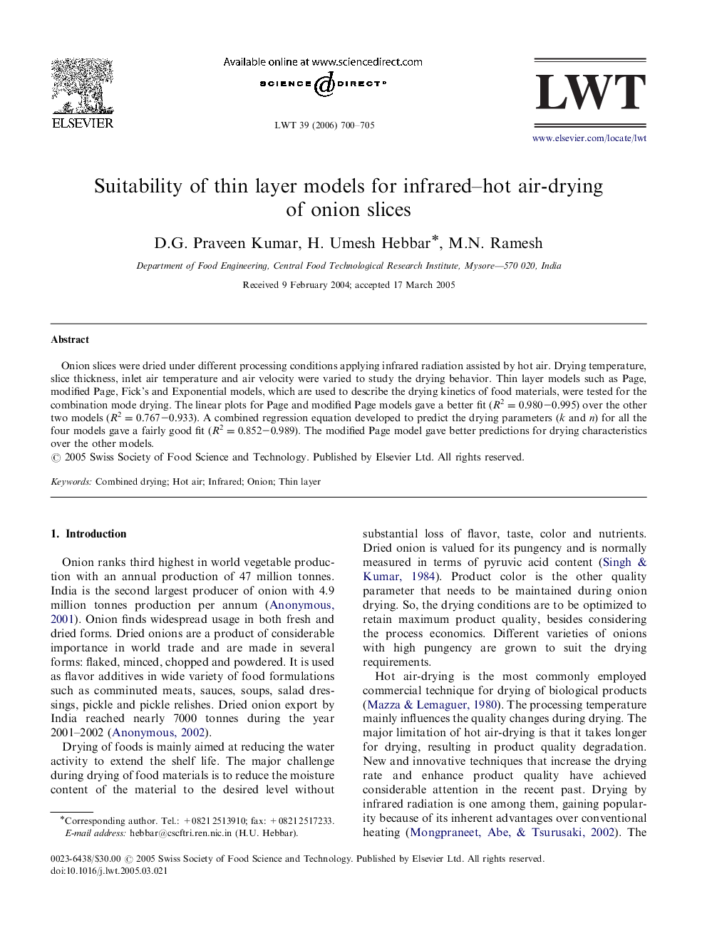 Suitability of thin layer models for infrared–hot air-drying of onion slices