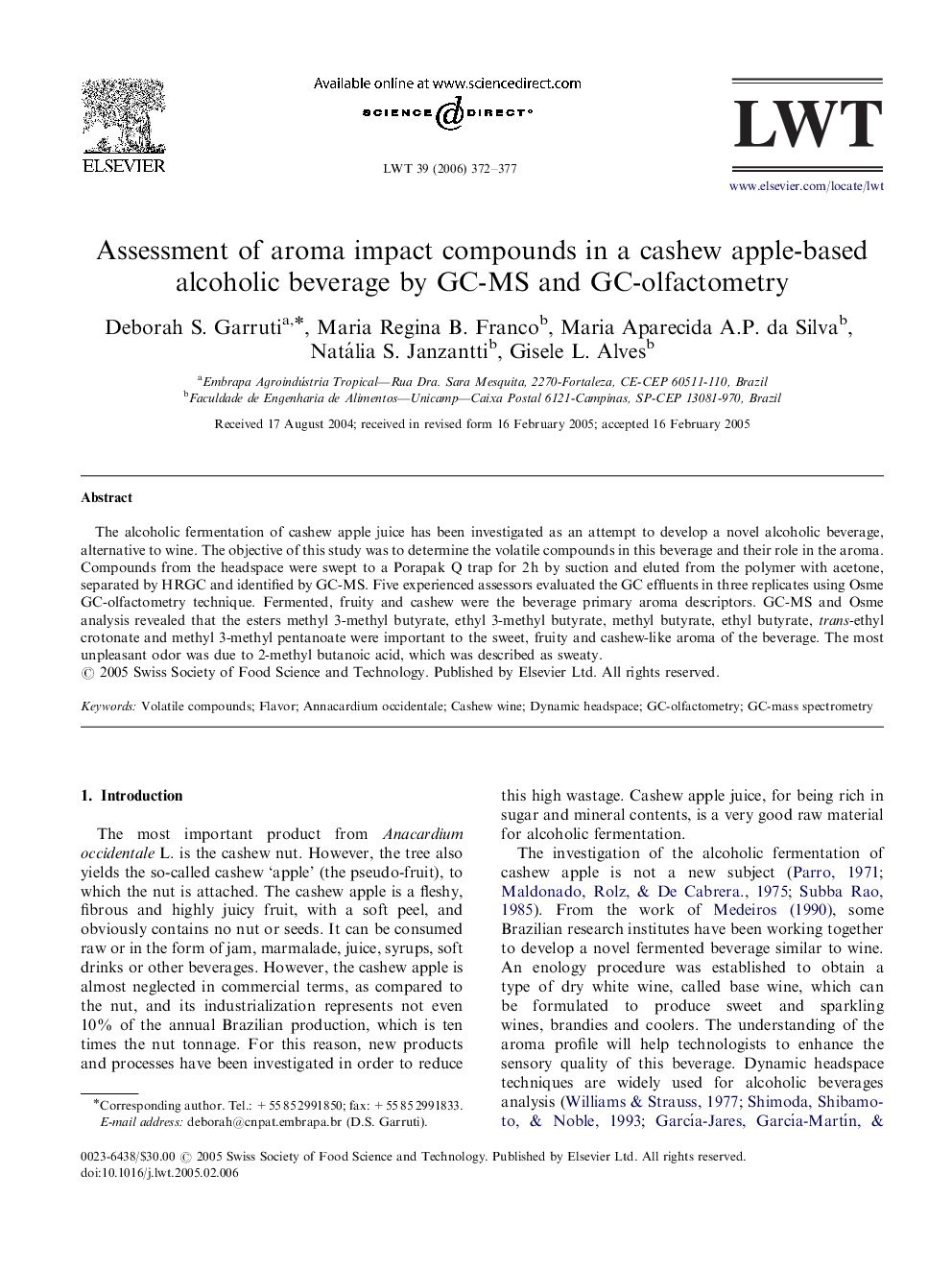 Assessment of aroma impact compounds in a cashew apple-based alcoholic beverage by GC-MS and GC-olfactometry