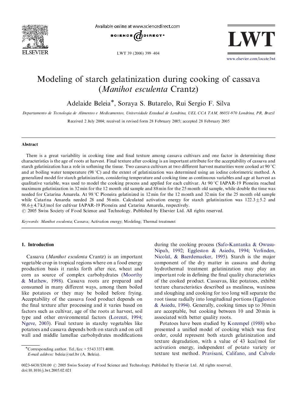 Modeling of starch gelatinization during cooking of cassava (Manihot esculenta Crantz)