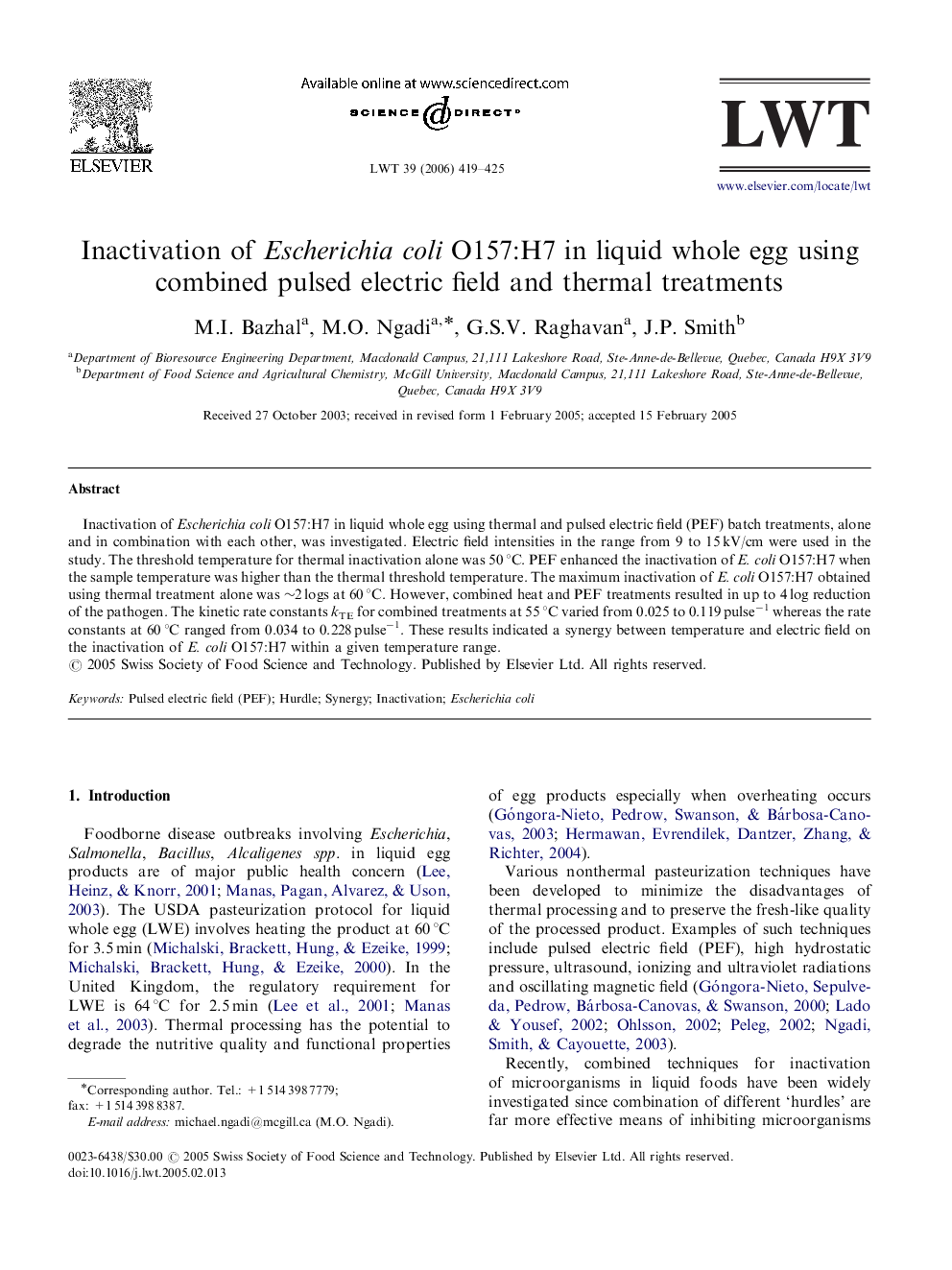 Inactivation of Escherichia coli O157:H7 in liquid whole egg using combined pulsed electric field and thermal treatments