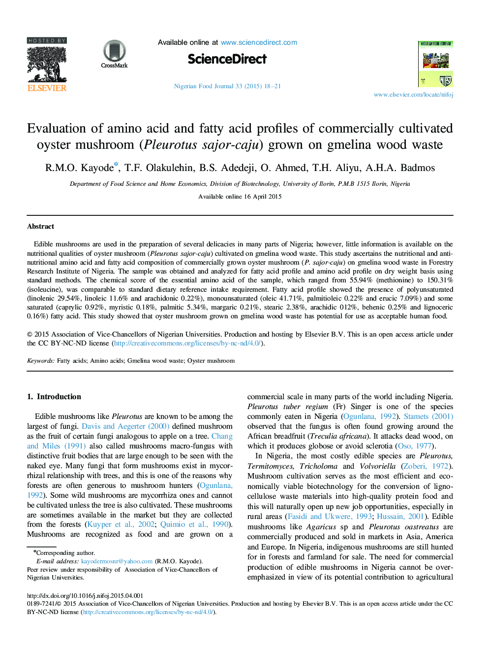 Evaluation of amino acid and fatty acid profiles of commercially cultivated oyster mushroom (Pleurotus sajor-caju) grown on gmelina wood waste