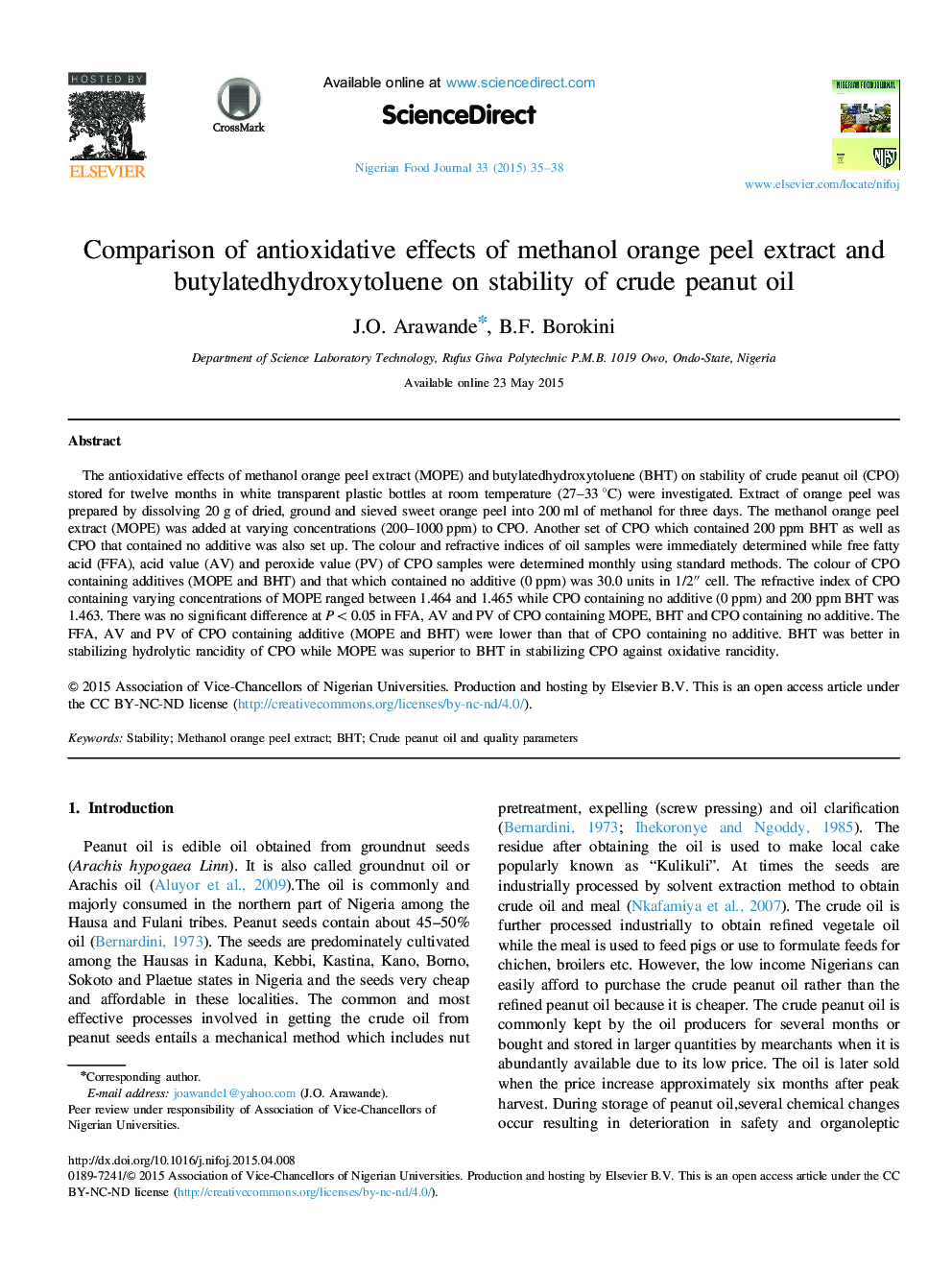 Comparison of antioxidative effects of methanol orange peel extract and butylatedhydroxytoluene on stability of crude peanut oil