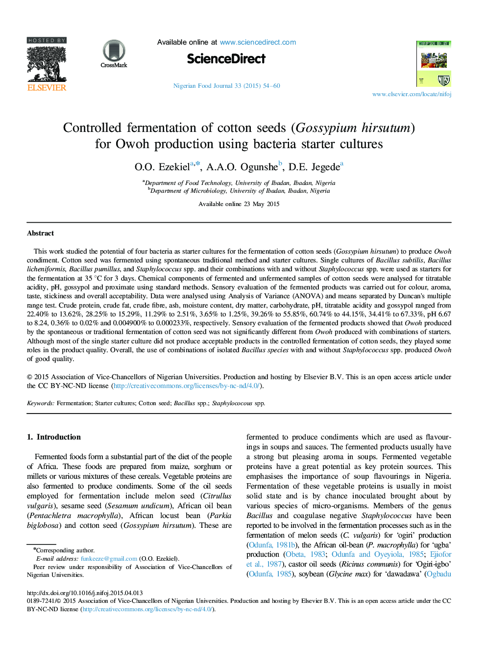 Controlled fermentation of cotton seeds (Gossypium hirsutum) for Owoh production using bacteria starter cultures 