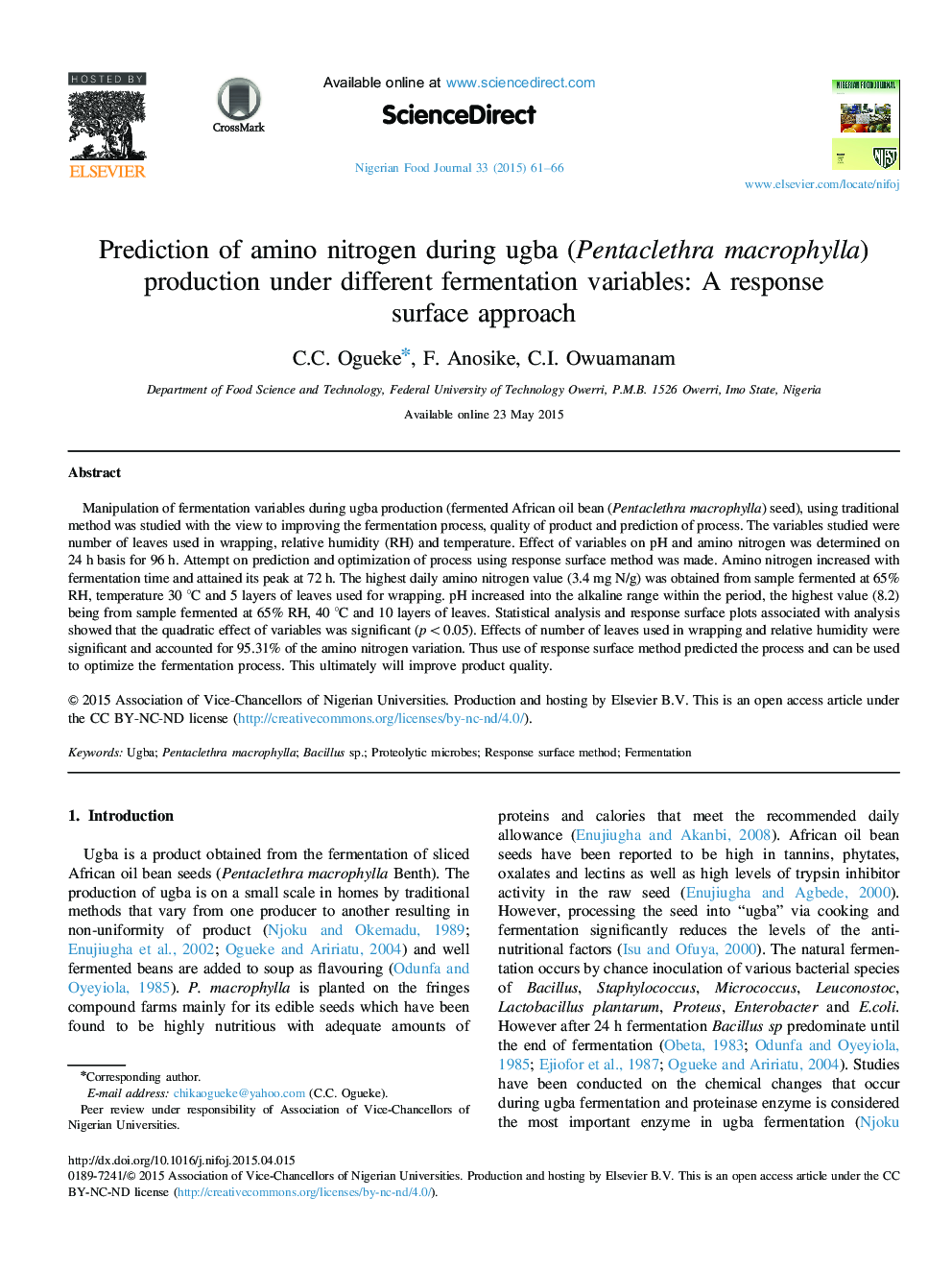 Prediction of amino nitrogen during ugba (Pentaclethra macrophylla) production under different fermentation variables: A response surface approach 