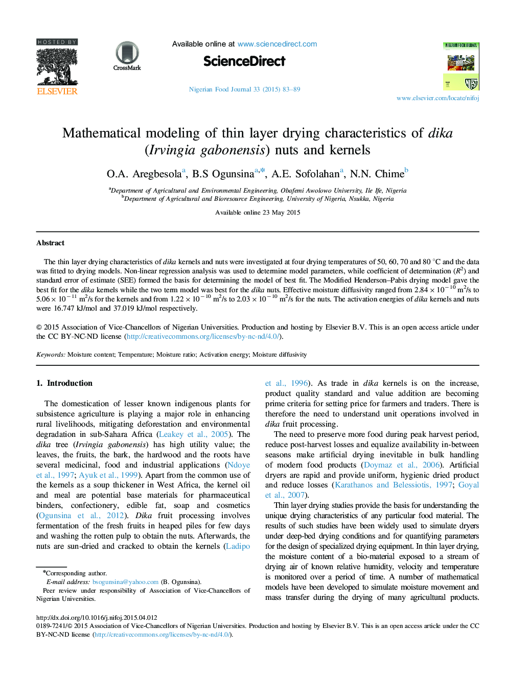 Mathematical modeling of thin layer drying characteristics of dika (Irvingia gabonensis) nuts and kernels 