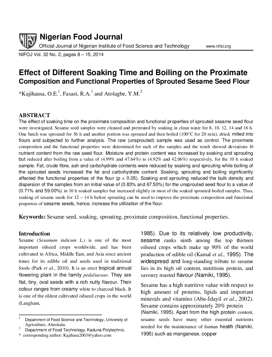 Effect of Different Soaking Time and Boiling on the Proximate Composition and Functional Properties of Sprouted Sesame Seed Flour