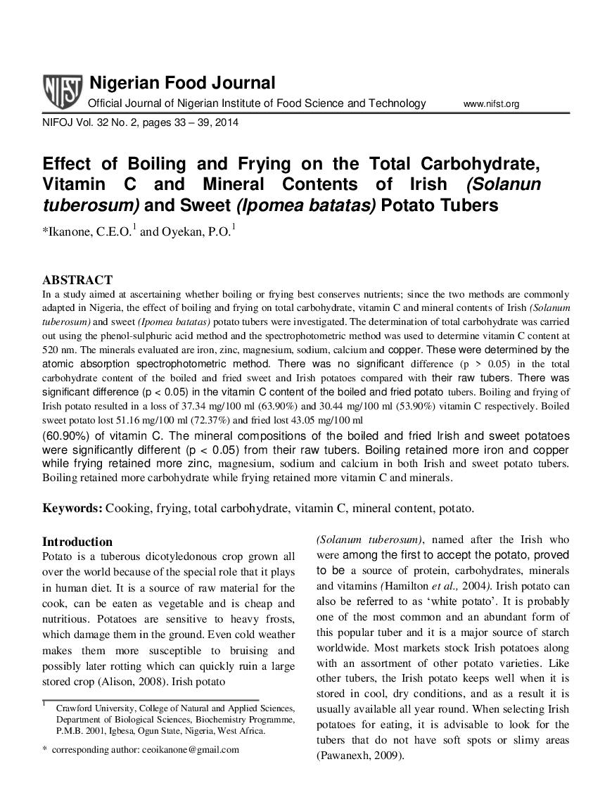 Effect of Boiling and Frying on the Total Carbohydrate, Vitamin C and Mineral Contents of Irish (Solanun tuberosum) and Sweet (Ipomea batatas) Potato Tubers