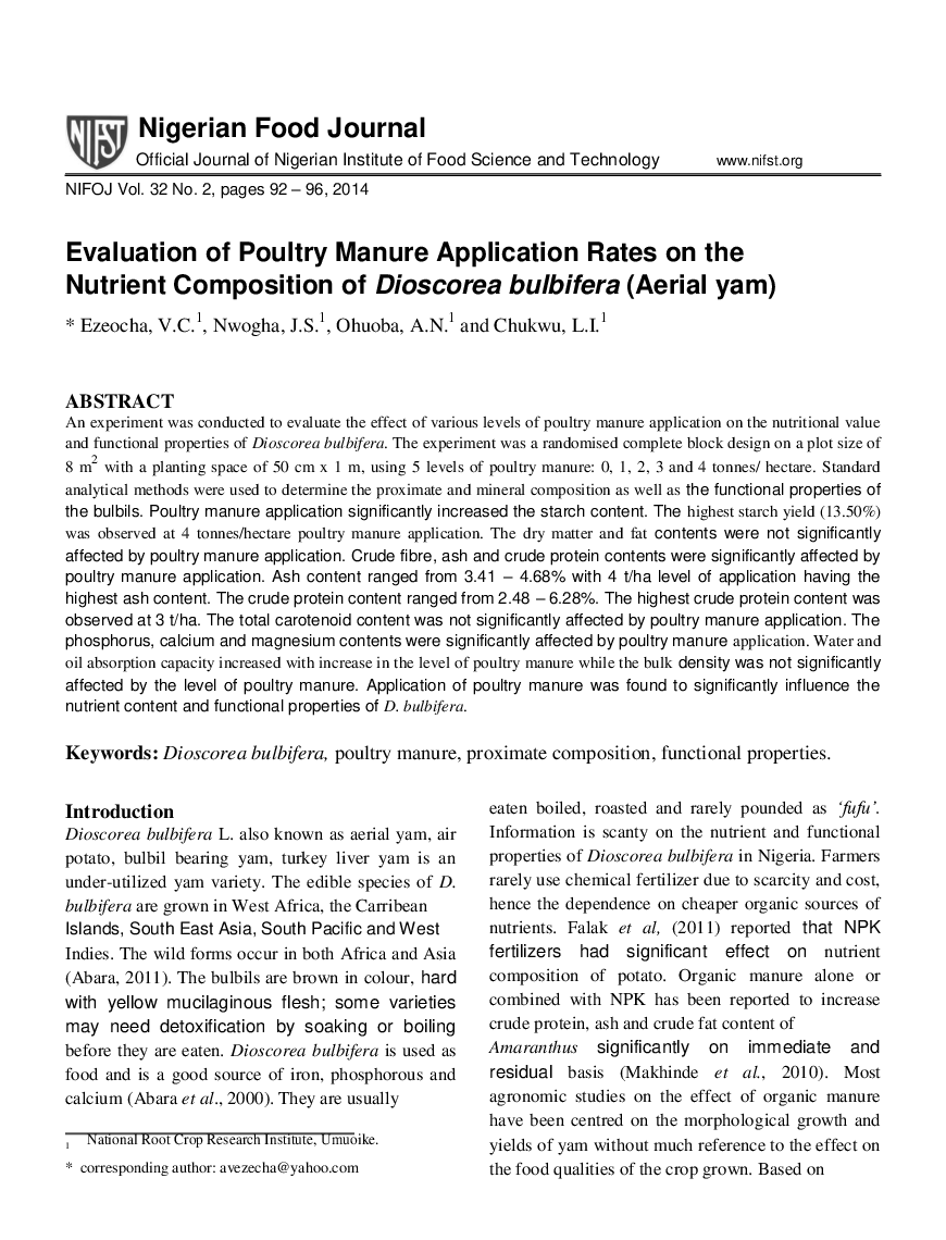 Evaluation of Poultry Manure Application Rates on the Nutrient Composition of Dioscorea bulbifera (Aerial yam)