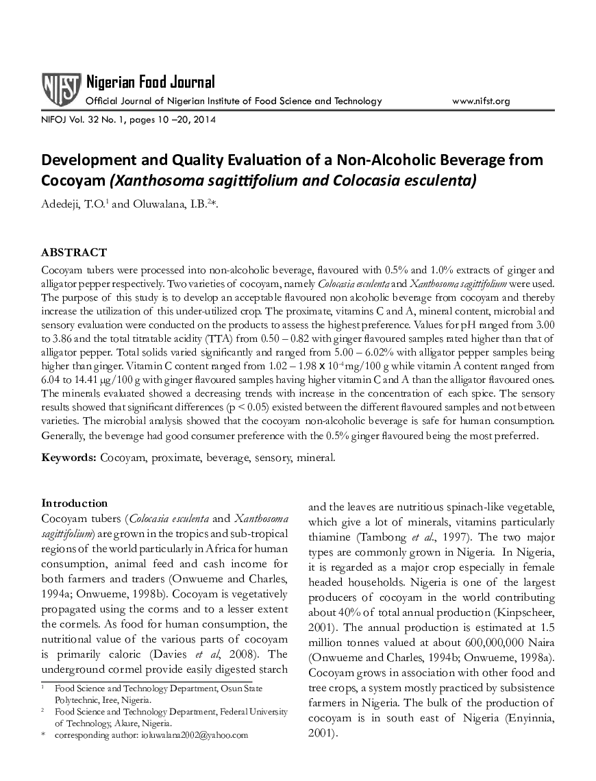 Development and Quality Evaluation of a Non-Alcoholic Beverage from Cocoyam (Xanthosoma sagittifolium and Colocasia esculenta)