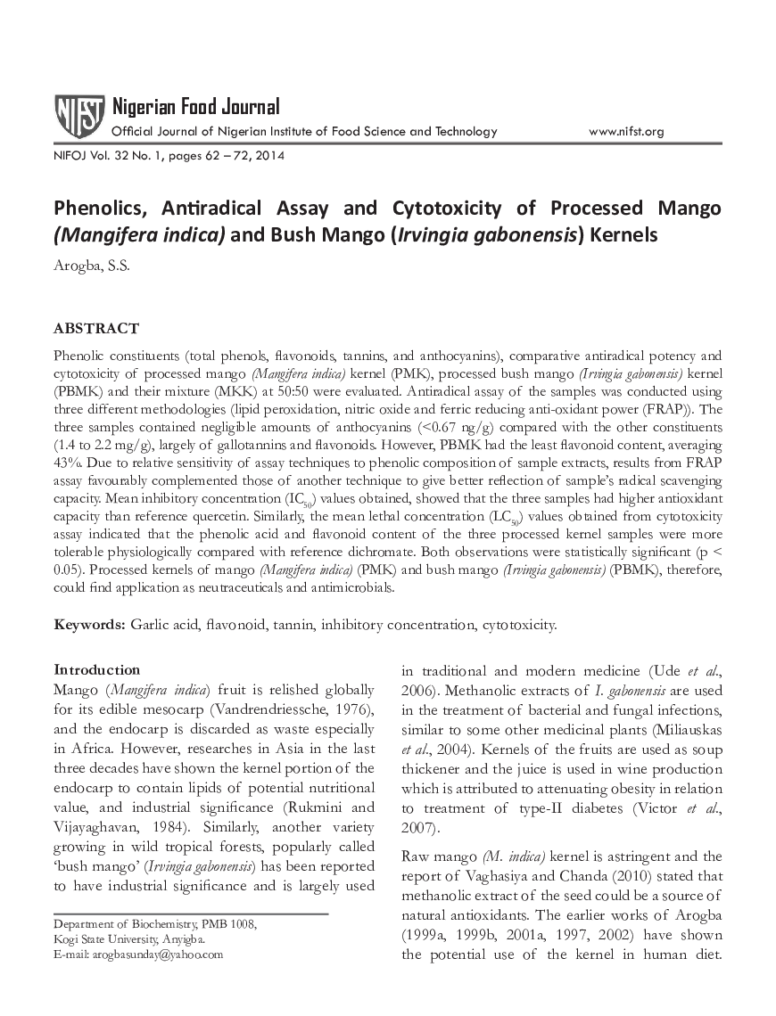 Phenolics, Antiradical Assay and Cytotoxicity of Processed Mango (Mangifera indica) and Bush Mango (Irvingia gabonensis) Kernels