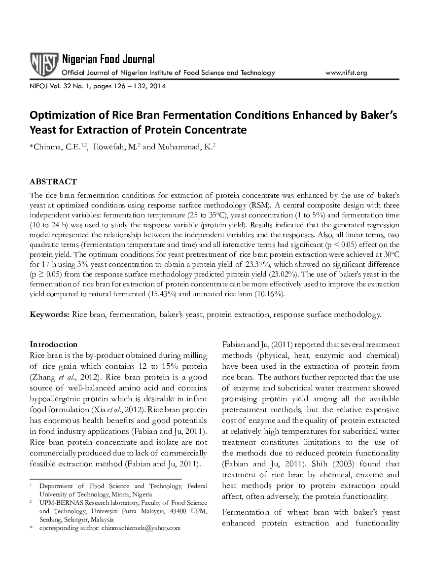 Optimization of Rice Bran Fermentation Conditions Enhanced by Baker’s Yeast for Extraction of Protein Concentrate