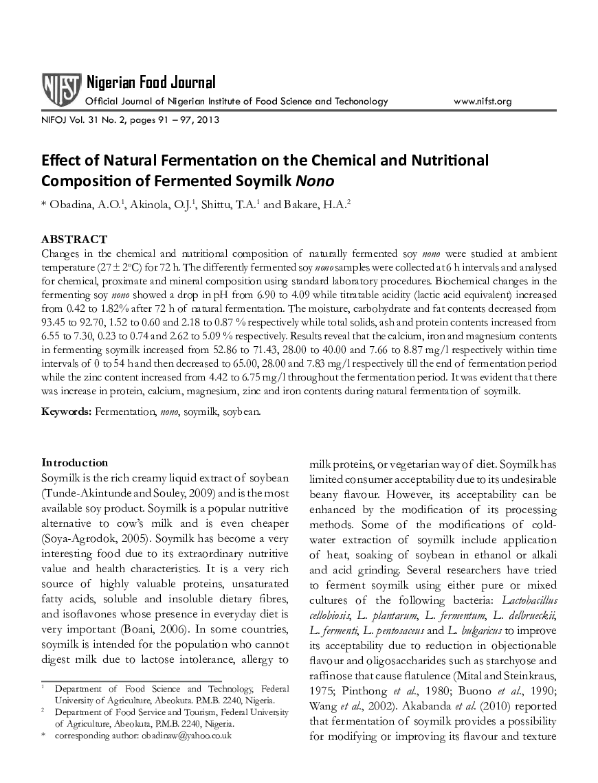 Effect of Natural Fermentation on the Chemical and Nutritional Composition of Fermented Soymilk Nono