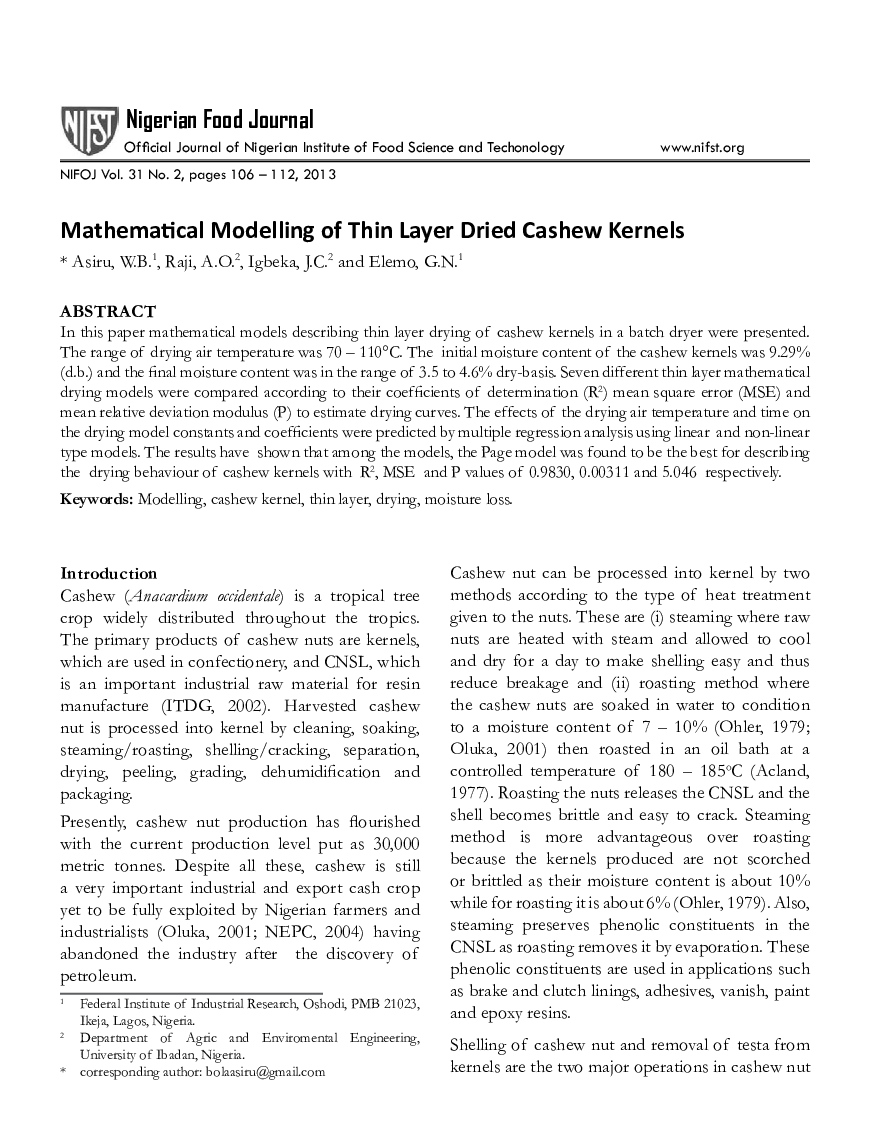 Mathematical Modelling of Thin Layer Dried Cashew Kernels