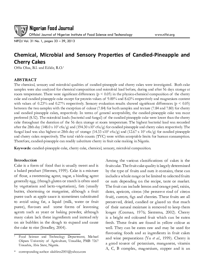 Chemical, Microbial and Sensory Properties of Candied-Pineapple and Cherry Cakes