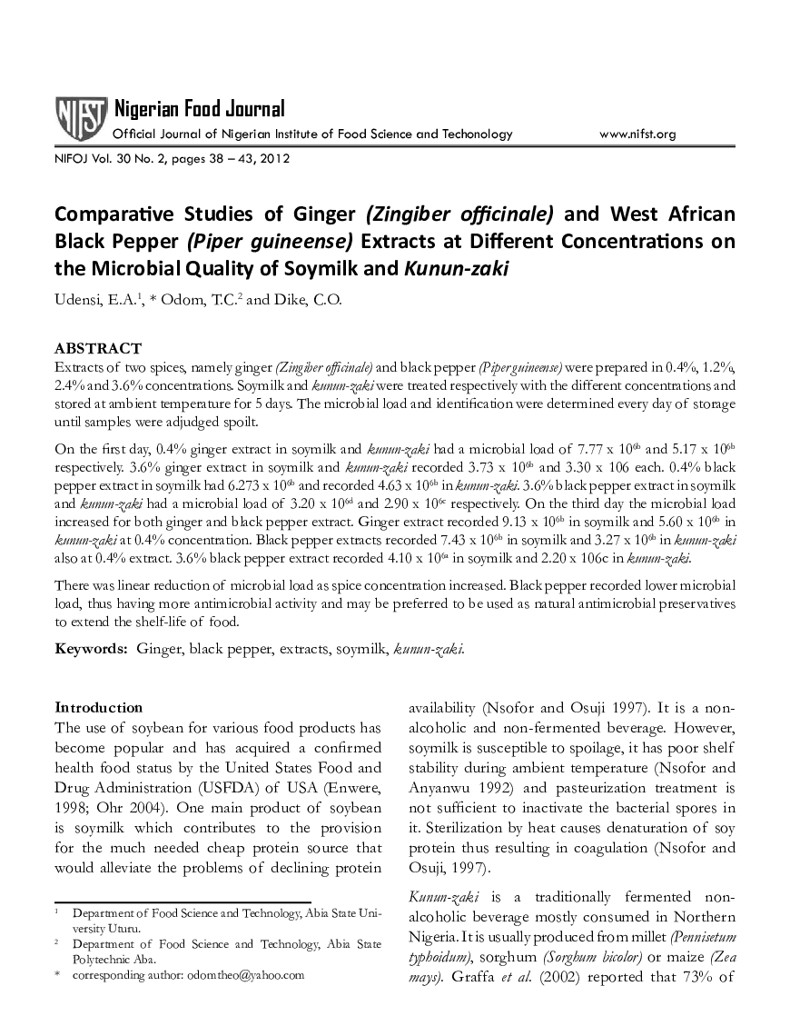 Comparative Studies of Ginger (Zingiber officinale) and West African Black Pepper (Piper guineense) Extracts at Different Concentrations on the Microbial Quality of Soymilk and Kunun-zaki