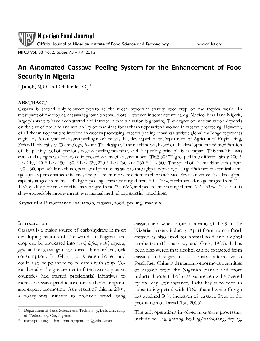 An Automated Cassava Peeling System for the Enhancement of Food Security in Nigeria