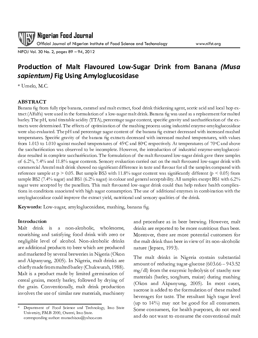 Production of Malt Flavoured Low-Sugar Drink from Banana (Musa sapientum) Fig Using Amyloglucosidase