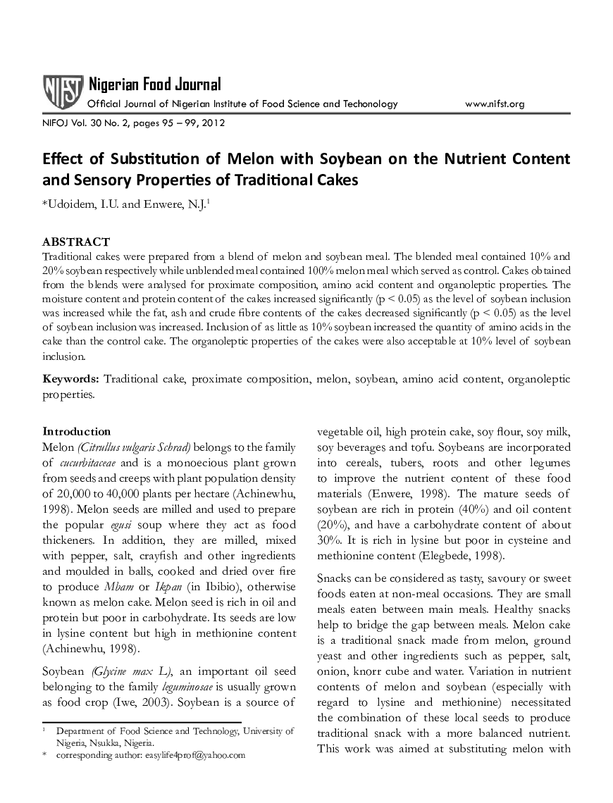 Effect of Substitution of Melon with Soybean on the Nutrient Content and Sensory Properties of Traditional Cakes