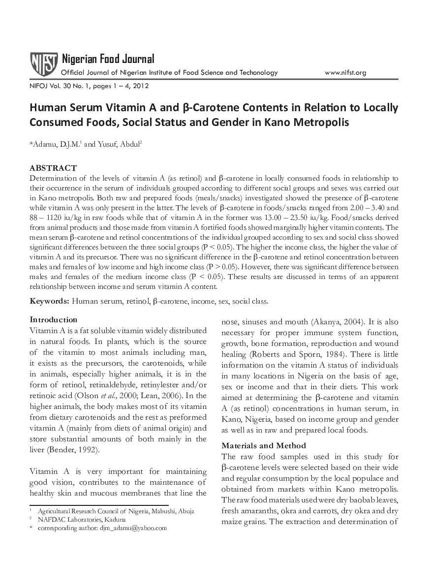 Human Serum Vitamin A and β-Carotene Contents in Relation to Locally Consumed Foods, Social Status and Gender in Kano Metropolis