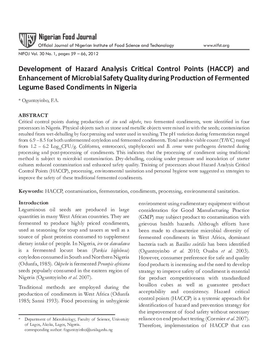 Development of Hazard Analysis Critical Control Points (HACCP) and Enhancement of Microbial Safety Quality during Production of Fermented Legume Based Condiments in Nigeria