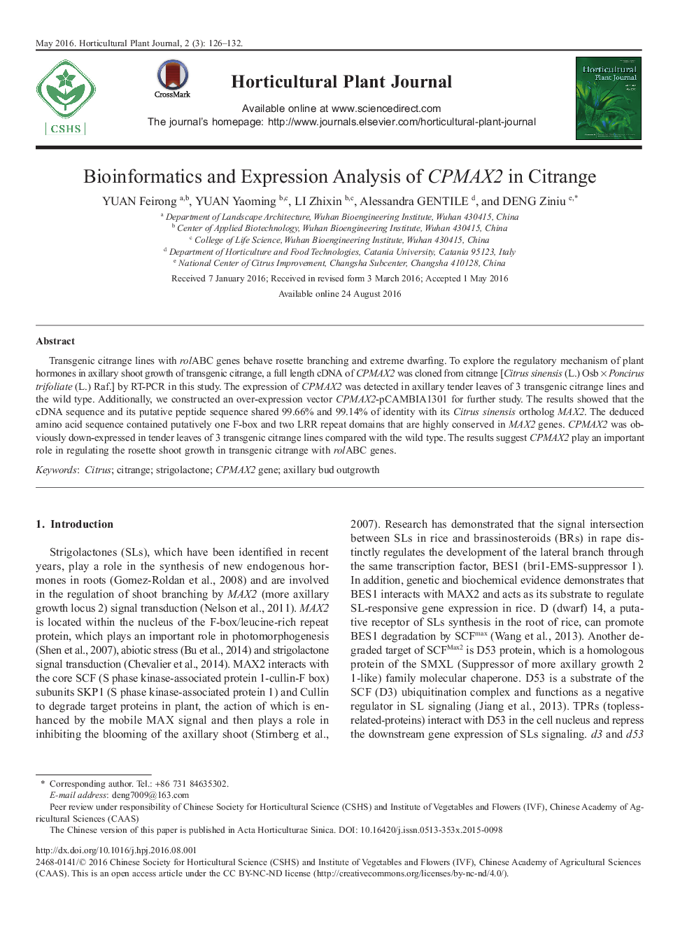 Bioinformatics and Expression Analysis of CPMAX2 in Citrange 