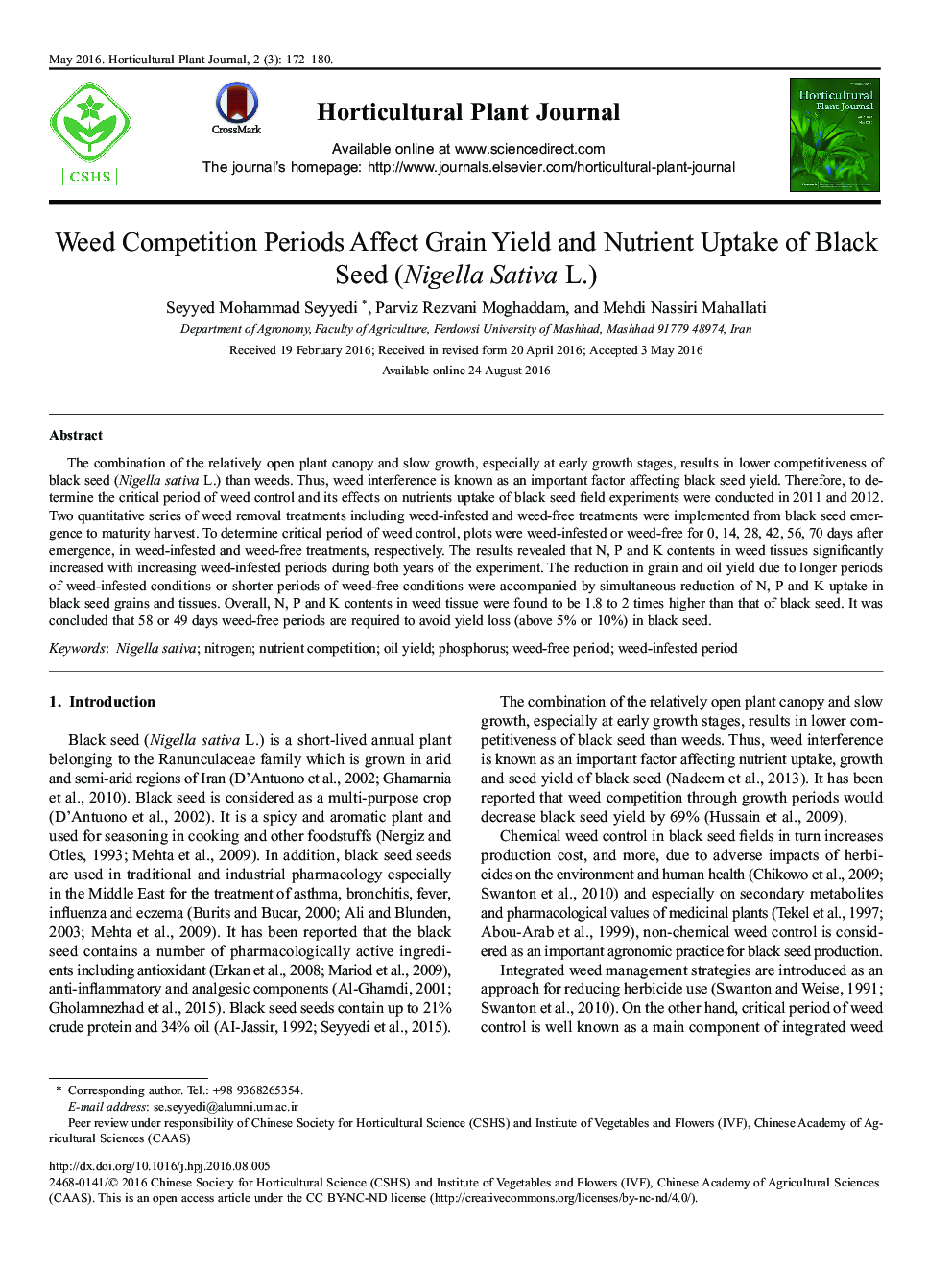 Weed Competition Periods Affect Grain Yield and Nutrient Uptake of Black Seed (Nigella Sativa L.) 