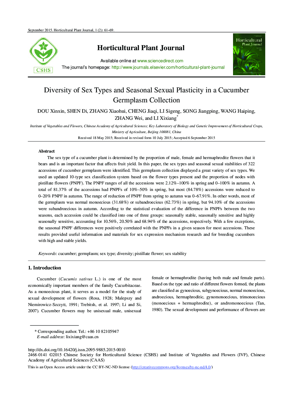 Diversity of Sex Types and Seasonal Sexual Plasticity in a Cucumber Germplasm Collection