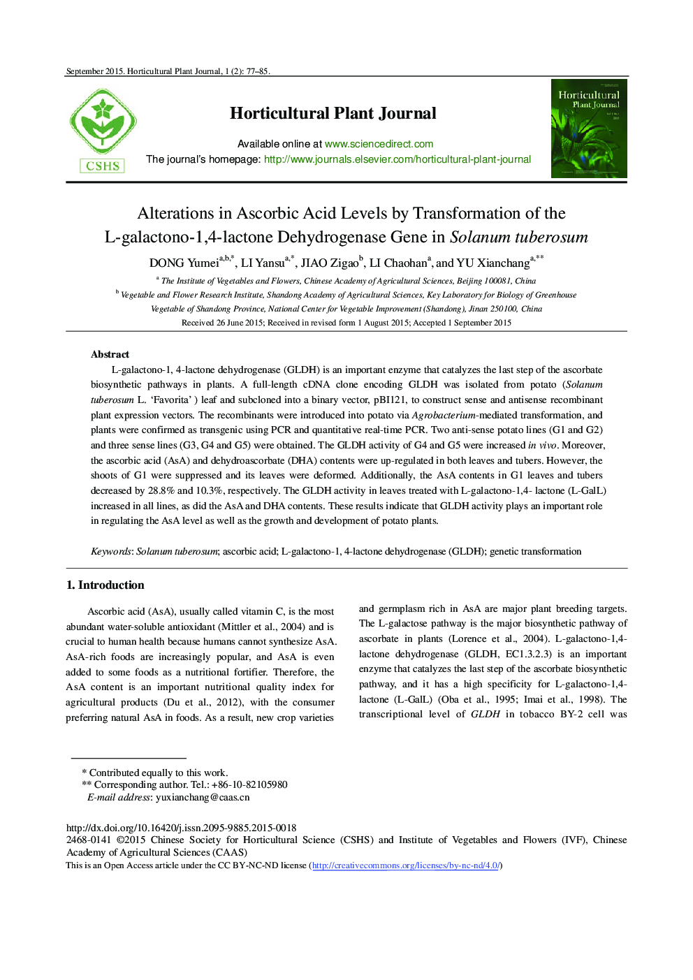 Alterations in Ascorbic Acid Levels by Transformation of the L-galactono-1,4-lactone Dehydrogenase Gene in Solanum tuberosum