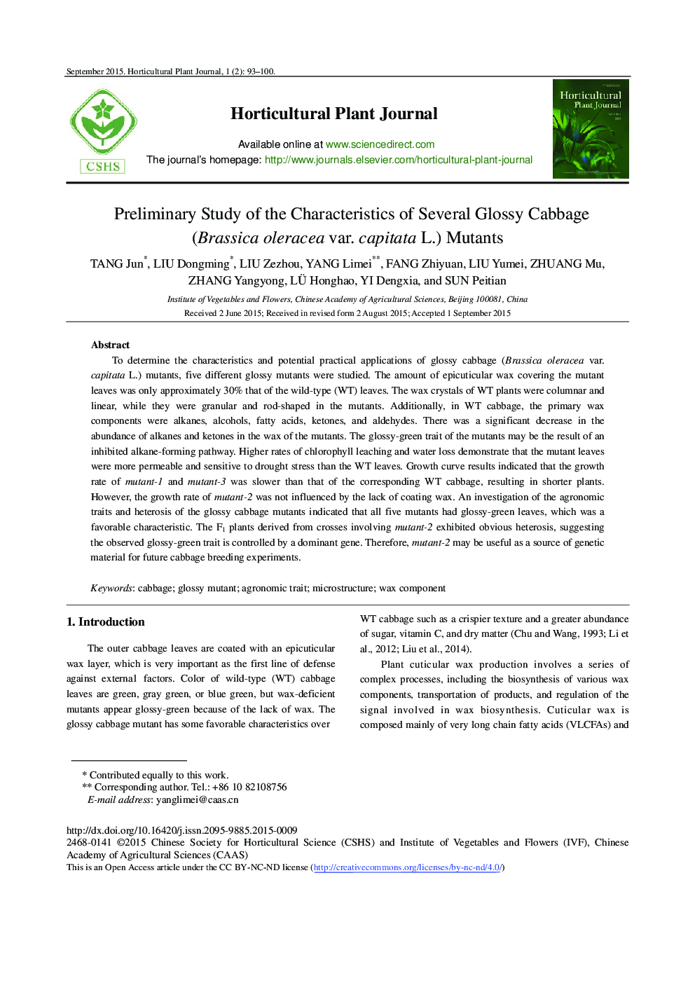 Preliminary Study of the Characteristics of Several Glossy Cabbage (Brassica oleracea var. capitata L.) Mutants