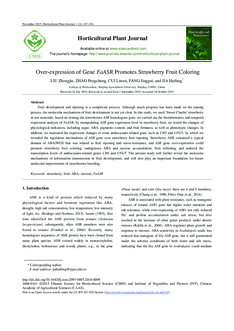 Over-expression of Gene FaASR Promotes Strawberry Fruit Coloring