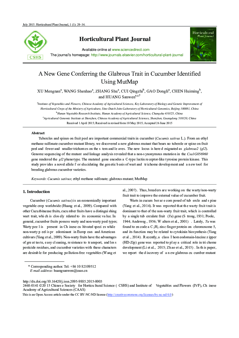 A New Gene Conferring the Glabrous Trait in Cucumber Identified Using MutMap