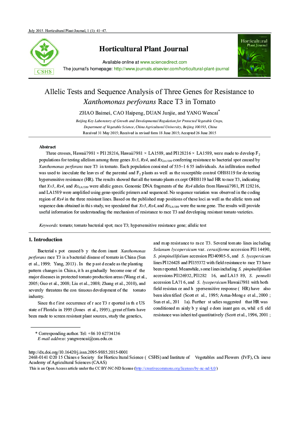 Allelic Tests and Sequence Analysis of Three Genes for Resistance to Xanthomonas perforans Race T3 in Tomato