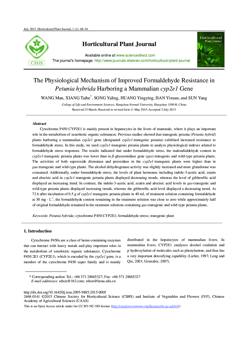 The Physiological Mechanism of Improved Formaldehyde Resistance in Petunia hybrida Harboring a Mammalian cyp2e1 Gene