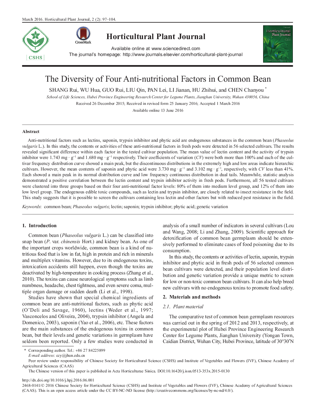 The Diversity of Four Anti-nutritional Factors in Common Bean 