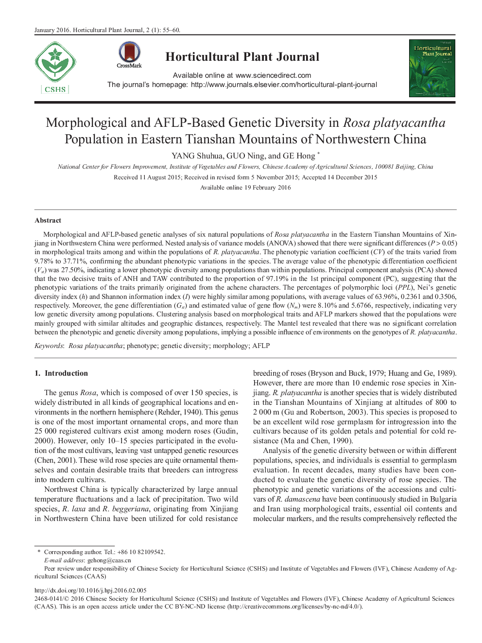 Morphological and AFLP-Based Genetic Diversity in Rosa platyacantha Population in Eastern Tianshan Mountains of Northwestern China 